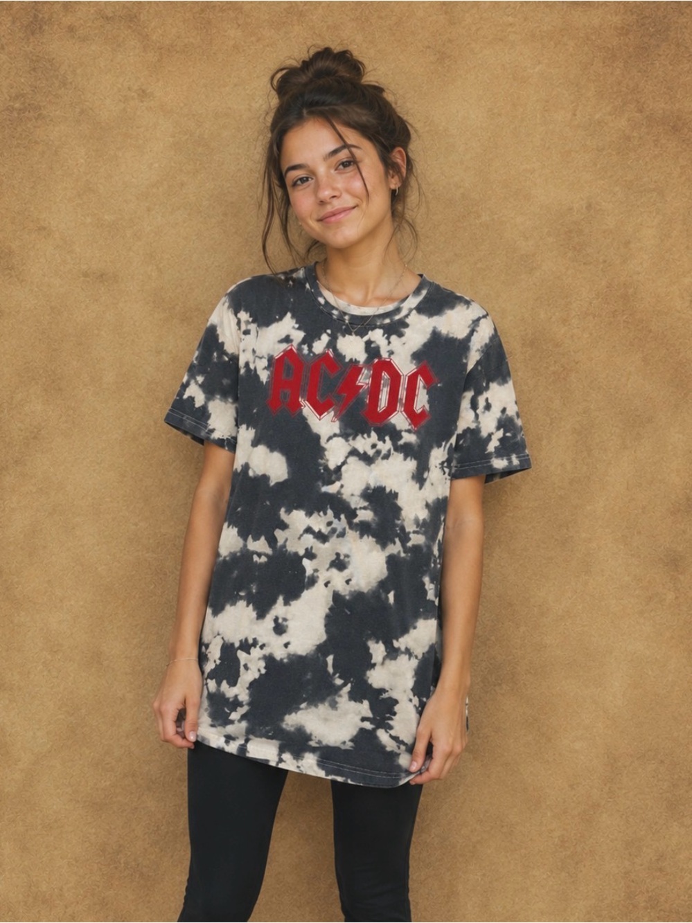 AC/DC Black & Cream Tie-Dye Short Sleeve Graphic Tee